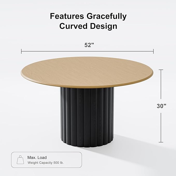 Casaphoria 52" Round Dining Table for 6, Two-Tone Wood Top and Black Pedestal Base, Modern Farmhouse Style, Dining Table Only