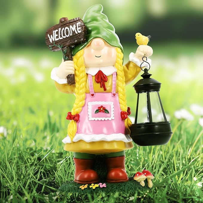 Solar Garden Gnome Outdoor Decor - Solar Garden Gnomes Outdoor Statues - Solar Gilrs Gnomes Decorations for Outside - Large Welcome Garden Gnomes Figurine - Unique Birthday Housewarming Gifts