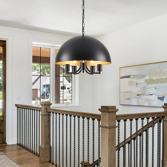 Black and Gold Ceiling Light - 17.7 Inch Black Large Farmhouse Dome Dining Room Chandelier 5-Lights Kitchen Island Pendant Hanging Lighting Modern Foyer Entryway Hallway