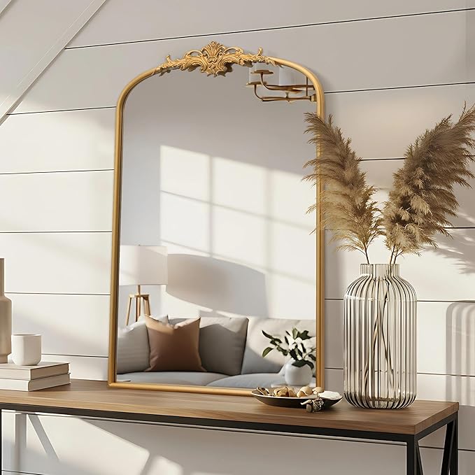 Besdomus Antique Arched Wall Mirror: 24"x36" Large Arch Gleaming Gold Vintage Wall Mounted Mirror - Traditional Ornate Home Decor for Entryway/Fireplace/Bathroom - Idea for Homemakers