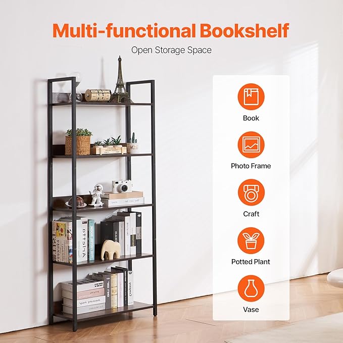 VEVOR Metal Bookshelf, 5-Tier Tall Industrial Bookshelf, Rustic Display Vintage Storage Bookcase with Open Shelves, Freestanding Display Shelving Unit Storage Rack, for Living Room, Bedroom & Office
