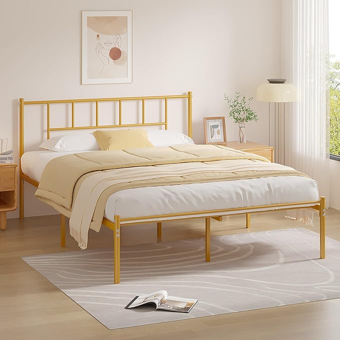 VECELO Queen Metal Platform Bed Frame with Headboard, Heavy Duty Steel Slat Support, Under Bed Storage,No Box Spring Needed, Easy Assembly