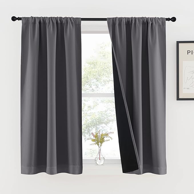 NICETOWN Grey Kitchen 100% Blackout Curtains 48 inches Long, Rod Pocket Basement Completely Blackout Window Treatment Thermal Insulated Lined Drapes for Small Window (1 Pair, 37" Width Each Panel)