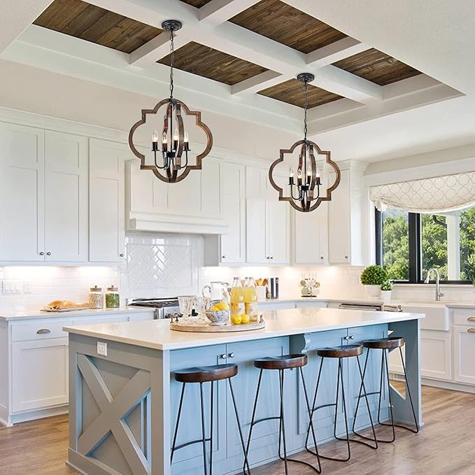 19.49'' Farmhouse Wood Chandelier, 4-Light Rustic Dining Room Light Fixture, Orb Chandelier Light Adjustable Height, Pendant Lighting for Kitchen Island Foyer Living Room Over Dining Table