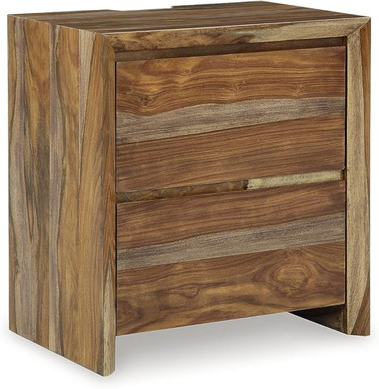 Signature Design by Ashley Dressonni Contemporary Velvet-Lined 2 Drawer Nightstand with Power Supply, USB-A and USB-C Ports, 26" Tall, Light Brown