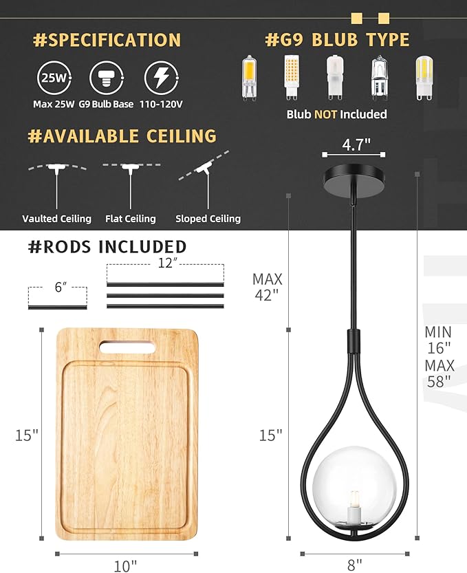 AUTELO Black Pendant Light Fixtures, 1-Light Pendant Lights Kitchen Island with Clear Globe Glass, Modern Pendant Lights, Black Hanging Lights for Kitchen Island H9377 CLBK