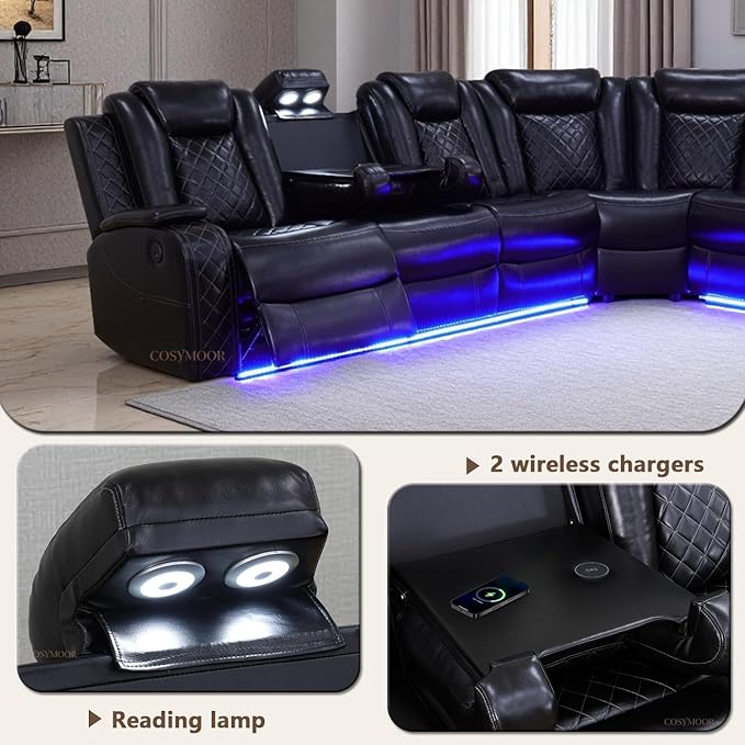 Power Recliner Sectional Sofa with LED Light for Living Room, Black Leather Reclining Sofa Corner Sectional Couches Set, Cup Holder, Storage Console for Home Theater Seating