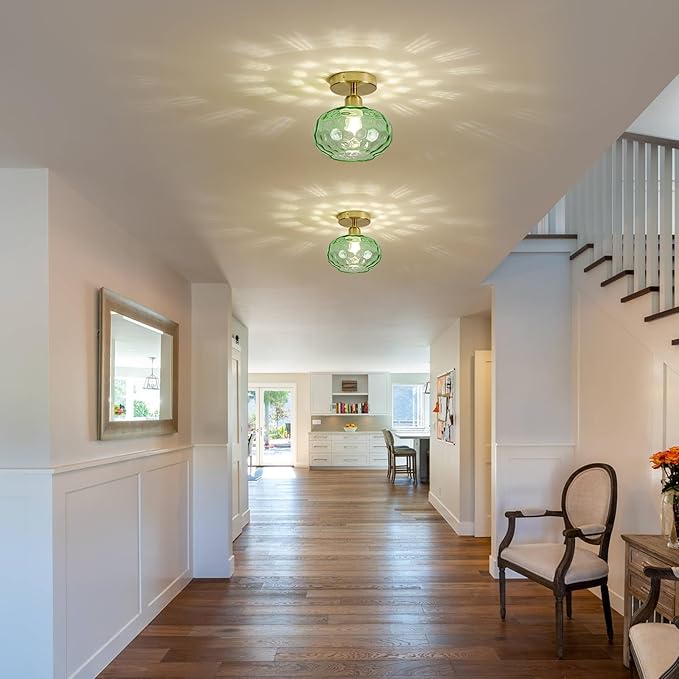 Green Glass Semi Flush Mount Ceiling Light - 2 Pack,7.9 Inch Hammered Glass Hallway Light fixtures Ceiling, Vintage Gold Art Deco Ceiling Light for entryway Foyer Laundry Room Kitchen