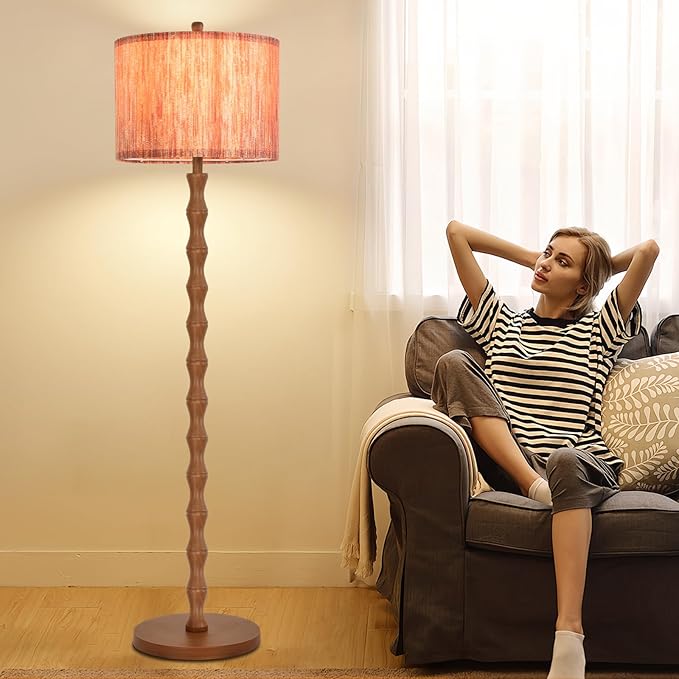 Wood Floor Lamps for Living Room Boho Farmhouse Floor Lamp with Remote Control,Dimmable LED Floor Lamp Mid Century Modern Standing Lamp with 3 Color Temperature Tall Floor Lamps For Bedroom Corner