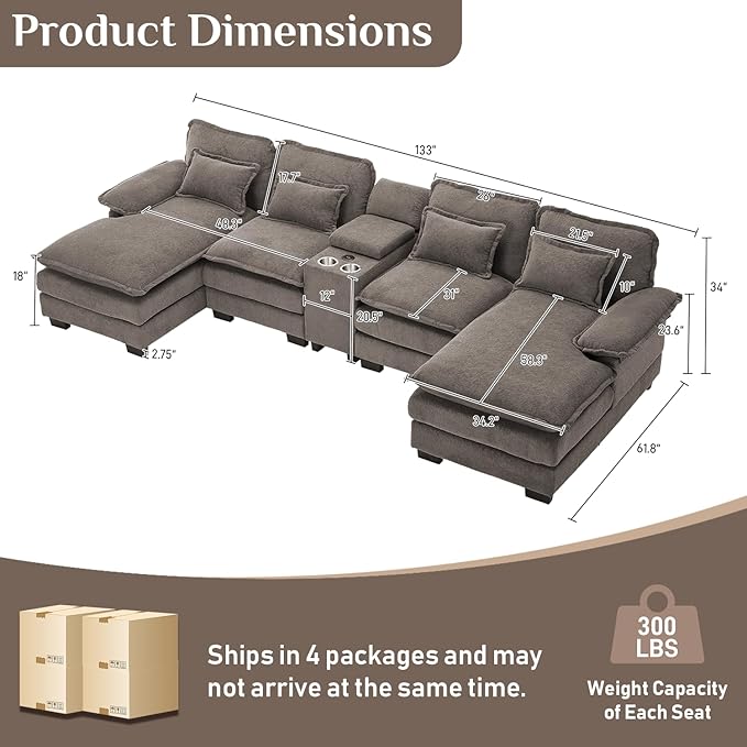 133" Oversized U Shaped Cloud Couch Modular Sectional Couches for Living Room Comfy Chenille Deep Seat Sofa Set with Double Chaise Lounge, Storage Central Console, Cup Holders, USB Port, Stone Grey