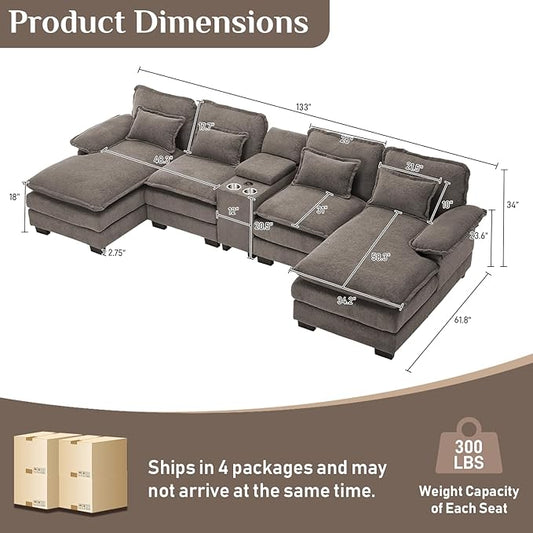 133" Oversized U Shaped Cloud Couch Modular Sectional Couches for Living Room Comfy Chenille Deep Seat Sofa Set with Double Chaise Lounge, Storage Central Console, Cup Holders, USB Port, Stone Grey