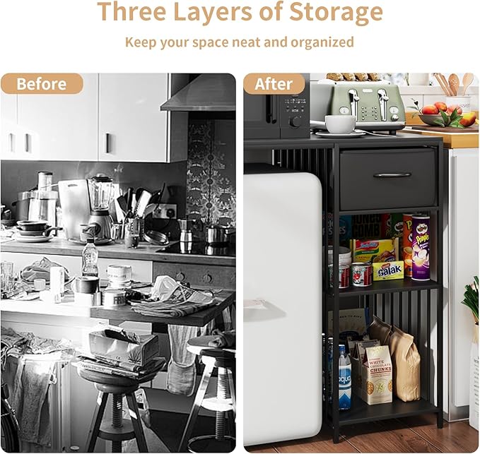 VOWNER Mini Fridge Cabinet with Power Outlet, 3-Tier Industrial Style Kitchen Microwave Stand Baker Rack with Drawer, Utility Storage Shelf for Home Kitchen Dorm Office, Black, 35" Lx22 Wx37 H