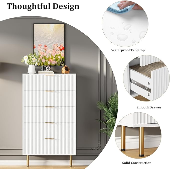 GAOMON 5 Drawer Dresser,Fluted Dresser for Bedroom,47.9" Tall Dressers Chest of Drawers,Wood Tall Dressers with Metal Handle for Closet, Living Room, Entryway