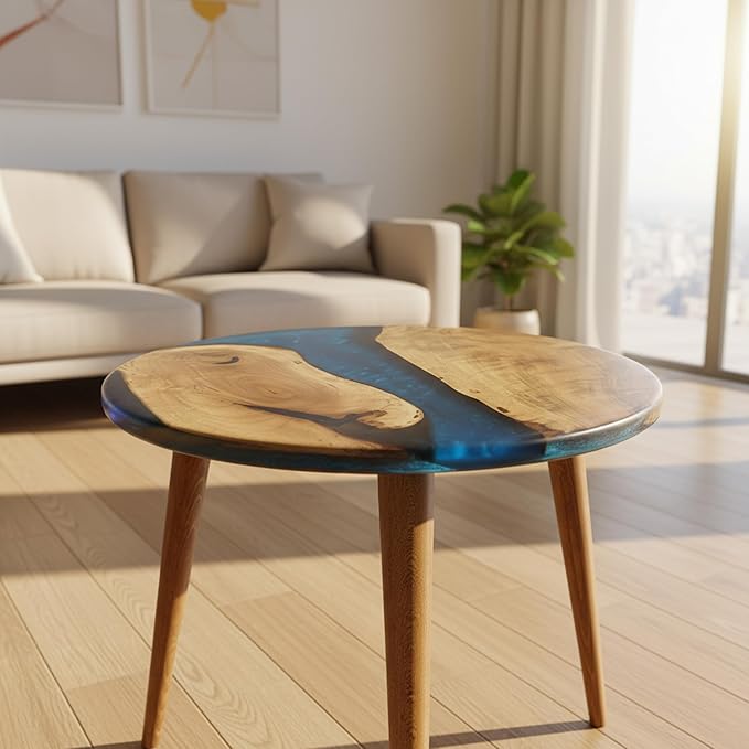 20" Resin Walnut Round Side Table | Epoxy End Table | Coffee Table | Mid Century Modern Resin Walnut | Living Room Furniture | Blue Color