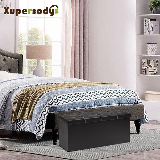30 Inches Folding Storage Ottoman Bench, Faux Leather Footrest Ottoman, Storage Trunk Footstool for Bedroom, Living Room and Hallway, Support 350lbs, Black (White line)