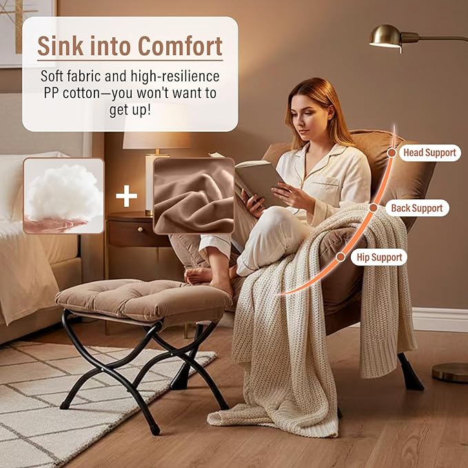 Lazy Chair with Ottoman, Modern Chair with Folding Footrest, Velvet Khaki Accent Chair, Comfortable Reading Chair, Oversized Armchairs for Bedroom, Study, Living Room, Courtyard