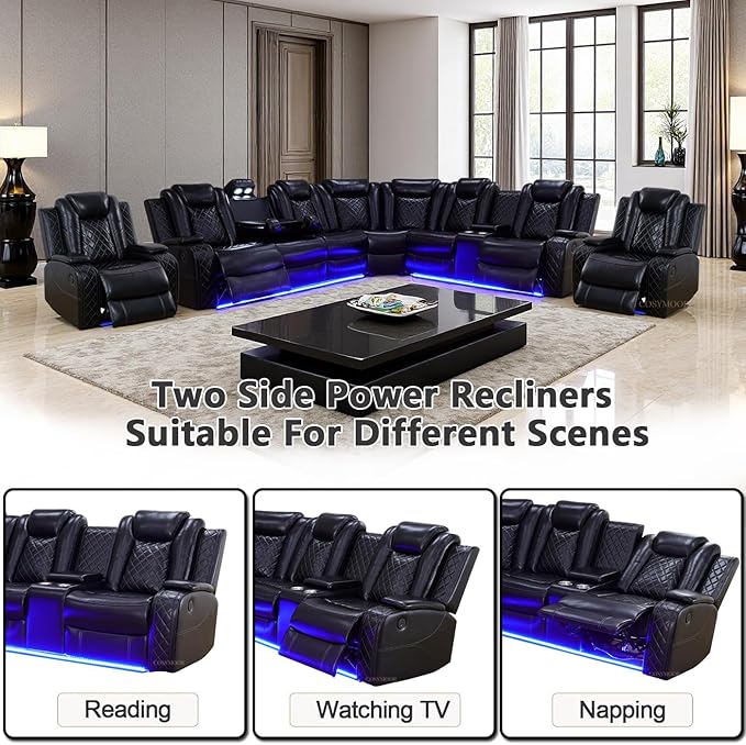 Black Power Reclining Sectional Sofa Set, Living Room Furniture Sets, Leather Recliner Corner Couches and Chair, Power Recliner Sectional with Cup Holder/Storage Console for Living Room