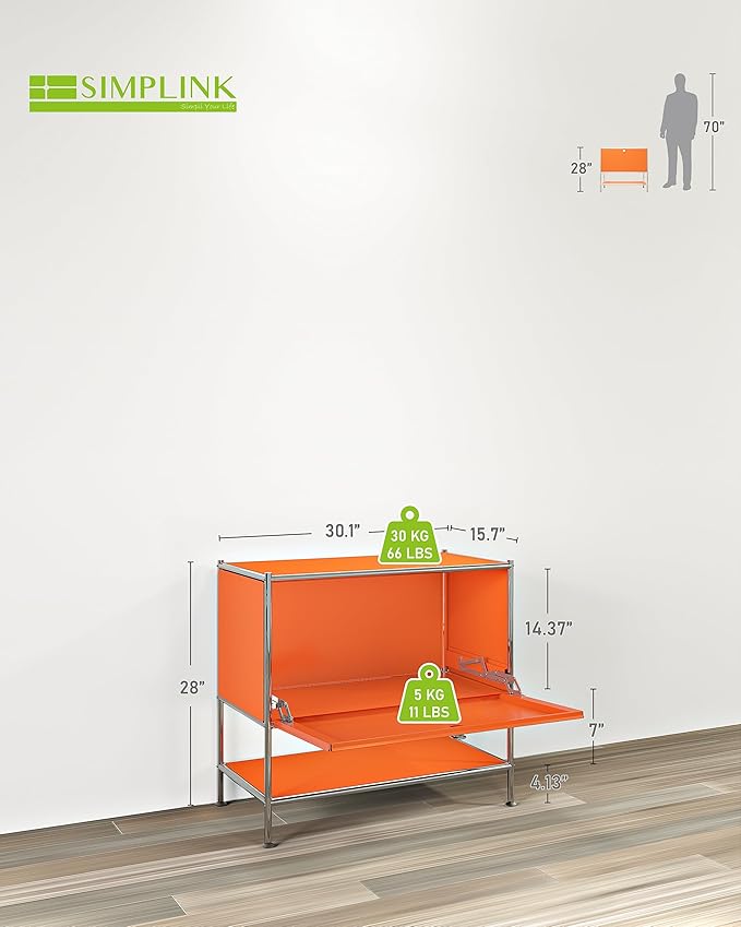 Metal Sidetable with Flap Door, 27.5" Height - DIY Modern Furnishing for Home, Office, Foyer, Bedroom - Night Stand, Book Shelf, Bookshelf, Cube Storage Organizer, Bedside Table (Orange)
