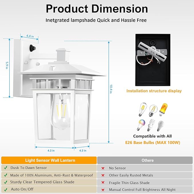 Compact Dusk to Dawn Outdoor Lighting Fixtures Wall Mount, Sensor Exterior Wall Lights for House, Anti Rust Porch Light, White Sconce Lamp, Waterproof Wall Lantern for Doorway, Garage, 2-Pack