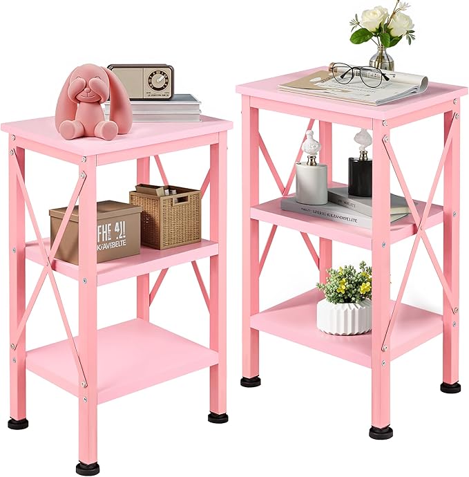 VECELO End Side Table Night Stand Set of 2,X-Design with Storage Shelf for Bedroom,Living Room,Pink