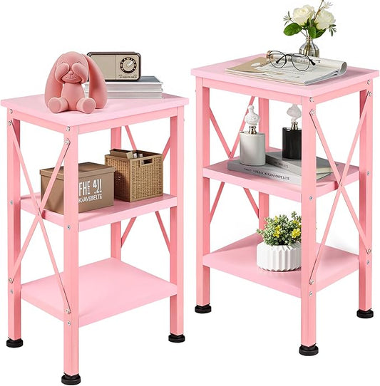 VECELO End Side Table Night Stand Set of 2,X-Design with Storage Shelf for Bedroom,Living Room,Pink