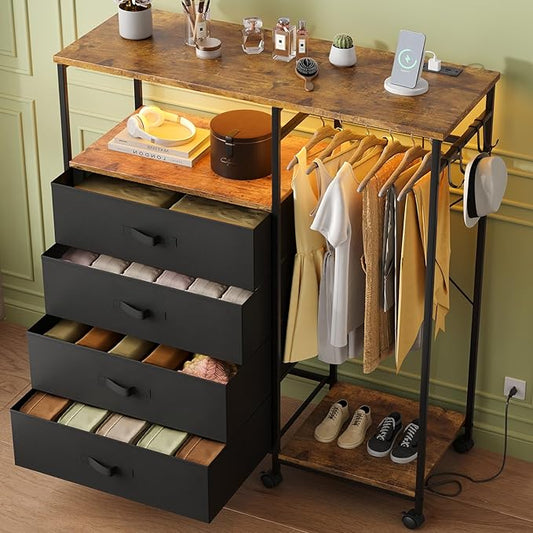 Dresser for Bedroom with Clothes Rack, 4 Drawers Dresser with Charging Station and LED Lights, Storage Chest of Drawers with Wheels, Wooden Top, for Closet, Living Room, Hallway, Rustic Brown