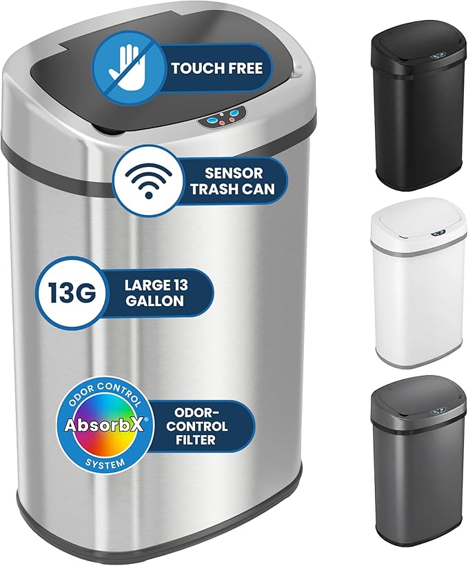 iTouchless 13 Gallon Oval Sensor Trash Can with Odor Filter, 50 Liter Automatic Kitchen Garbage Bin, Fingerprint-Proof Stainless Steel, Smart Hands-Free Motion Lid, Quiet Soft-Close, Brushed Silver