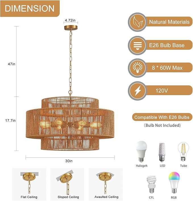 30” Large Hand-Woven Rattan Chandelier Vintage 8-Light Farmhouse Boho Bamboo Chandelier Light Fixture Retro 3-Tier Drum Wicker Rattan Golden Chandeliers for Dining Room, Kitchen, Living Room