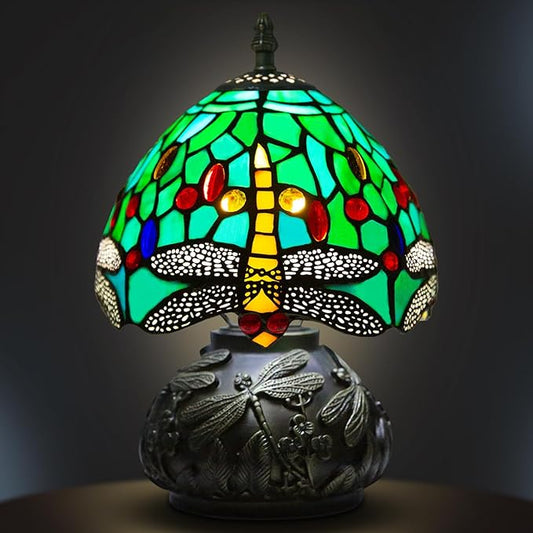 Small Tiffany Table Lamp,Stained Glass Lamp,8 Inch Mushroom Style Mini Vintage Desk Lights for Bedside, Bedroom,Nightstand,Living Room,3 Color Temperature (Green Dragonfly)