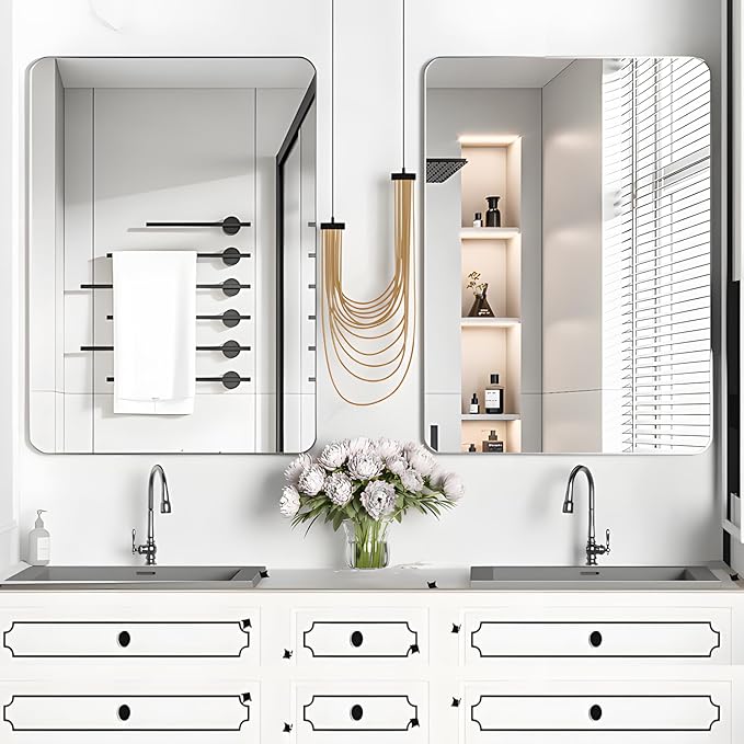 Manocorro Bathroom Mirror,29x40 Inch Wall Mirror Rectangular with Aluminum Alloy Frame, Rounded Corner Hanging Mirror Decor for Entryway, Bedroom, Living Room, Silver