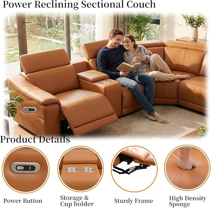 Power Recliner Sectional Sofa, L-Shaped Leather Sofa Set for Living Room, Power Reclining Sofa with USB Ports, Storage Console & Cup Holders, Breathing Leather Couch with Recliner (Orange)