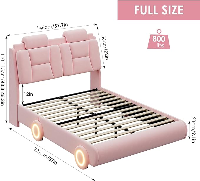 Keyluv Full Led Car Bed Frame with Wheels Decor & Adjustable Curved Headboard Modern Upholstered Platform Bed with Detachable Pillows Solid Wooden Slats Support No Box Spring Needed, Velvet Pink