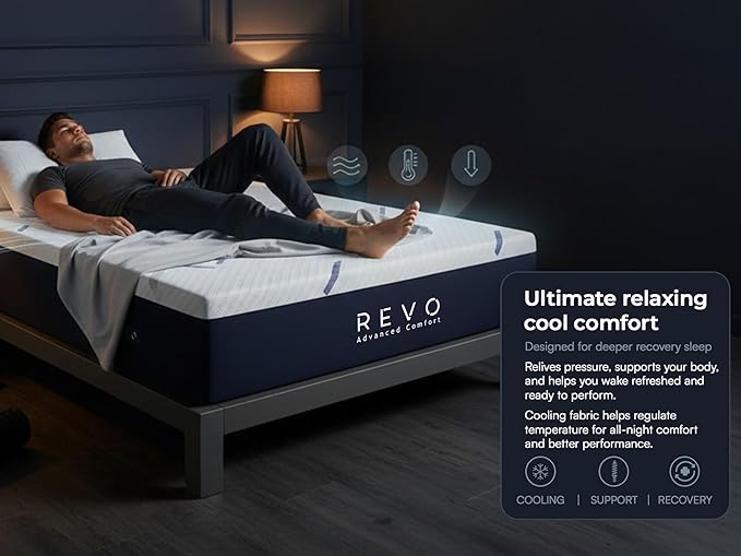 REVO Sleep 14-Inch Gel Memory Foam Mattress, Twin XL – Cooling Recovery Mattress for Athletes, Pressure Relief for Muscles & Joints, Contouring Support, Breathable Performance Sleep Surface