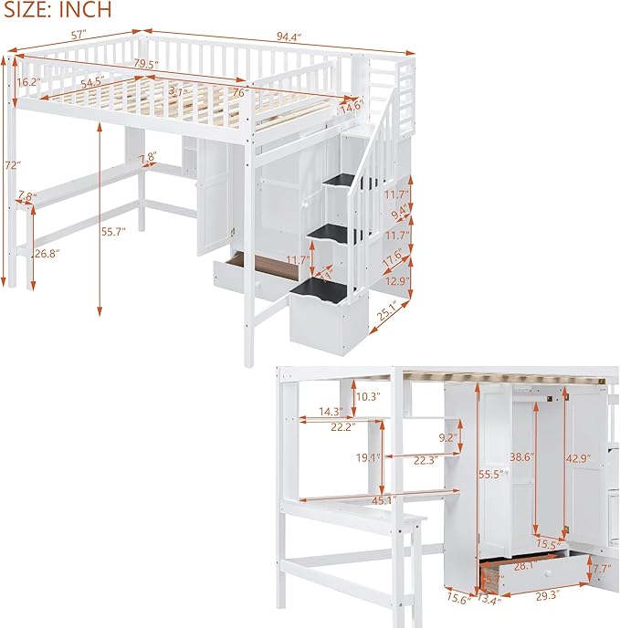 Full Loft Beds Stairway Loft Bed Frame with Wardrobe, Desk, Bookshelf and Drawers, White