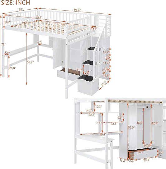 Full Loft Beds Stairway Loft Bed Frame with Wardrobe, Desk, Bookshelf and Drawers, White