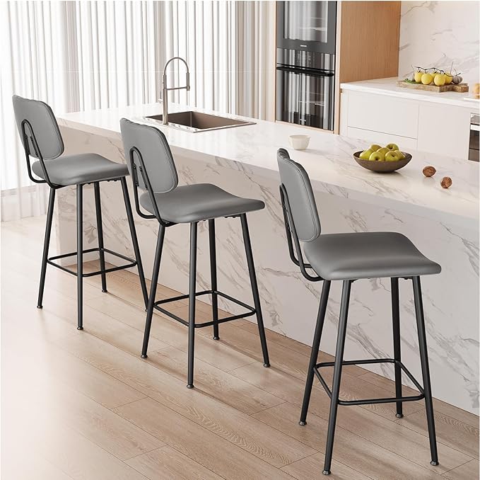 29-Inch Leather Bar Stools Set of 3, Counter Height Barstools with High Backrest，Bar Chairs for Kitchen Island with Heavy Duty Metal Base, Gray