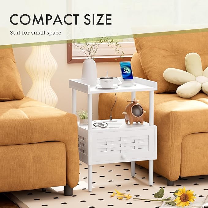 Amazer Bamboo Nightstand with Charging Station, Bedside Table with USB Ports & Outlets, End Table, Night Stand for Bedroom Lift-Up Drawer & Open Shelf, White