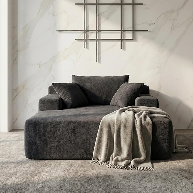 Sytopia Chaise Lounge with Armrests, Oversized Sofa Bed with 3 Pillows, Cozy Boneless Couch, Sleeper Reading Chair for Living Room Bedroom, Floor Sofa Chenille, Furniture Sala, Black Onyx