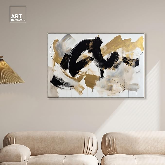 Art Remedy Moved Abstraction Canvas Modern Black White Abstract Wall Art, Silver Frame, 45" x 30"