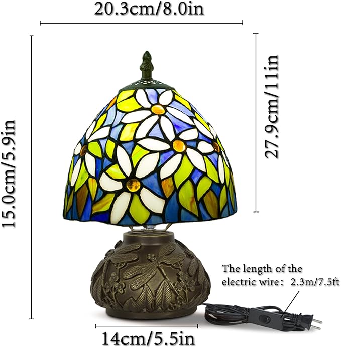 JHuiLap Small Tiffany Stained Glass Lamp, 3 Color Temperatures Bedside Lamp, 8 Inch Mushroom Desk Light for Bedroom Living Room Office Home Decor (White Flower Pattern)