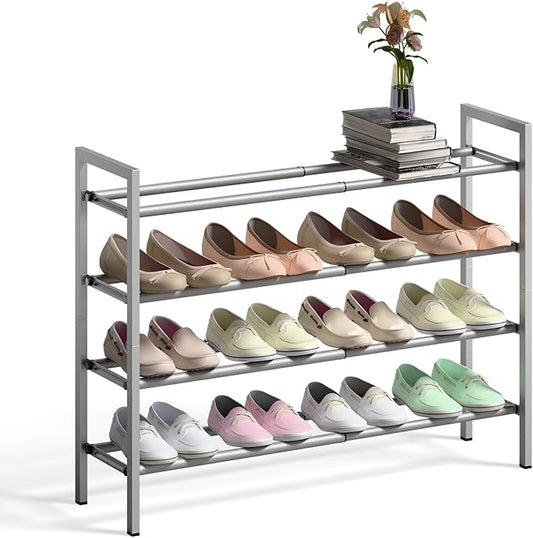 Bumusty 4-Tier Expandable Shoe Rack for Closet, 18“-33” Adjustable Shoe Rack for Small Space, Small Shoe Organizer for Front Door, Sturdy Metal, Light Grey