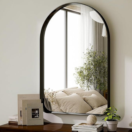 GLSLAND 20”x30“ Arched Bathroom Mirror - Black Aluminum Alloy Framed Wall Mirror, Arch Matted Vanity Mirror for Bedroom, Entryway Home Decor