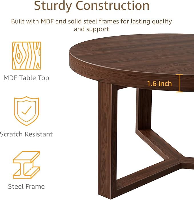 30 Inch Round Coffee Table with Stools - Small Modern Tables Set with 3 Chairs Ottomans Seating Seats Walnut Wood