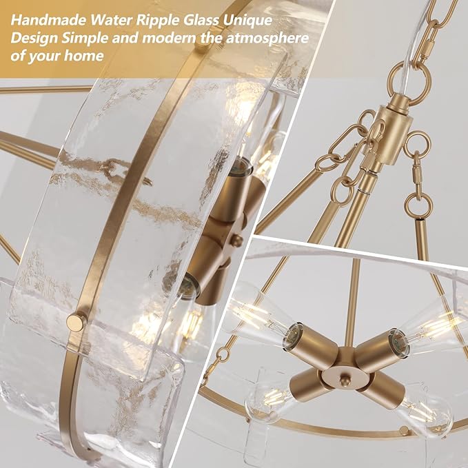 Modern Chandelier for Dining Room, 22" Gold Glass Chandelier, Large Farmhouse Round Chandelier for Dining Room, Foyer, Bedroom, Hallway, Entryway