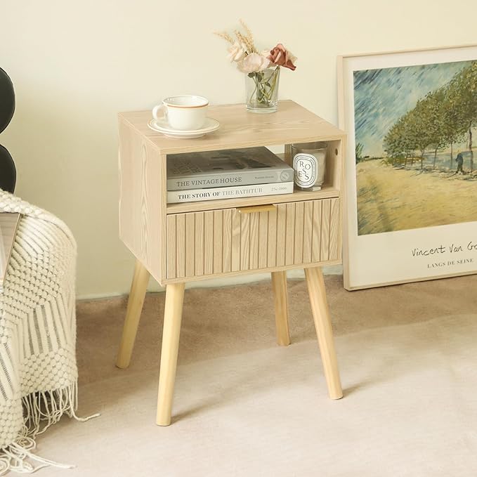 MaxSmeo Small Nightstand Wood Bedside Table with Drawer, Modern End Table for Bedroom and Small Spaces, Solid Wood Legs, Easy Assembly, Natural