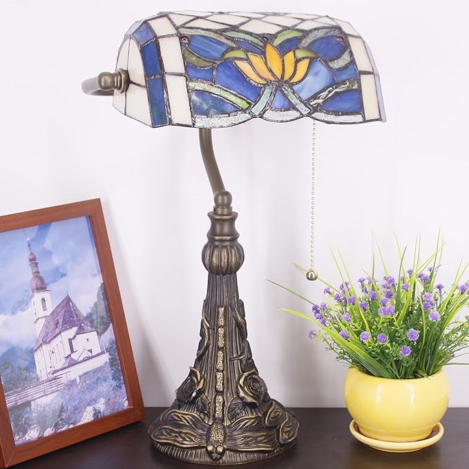 Tiffany Banker Lamp Small Stained Glass Table Lamp Tiffany Style Piano Light Blue Yellow Lotus Style Desk Lamp Angle Adjustable 10.6X15.7 Inch for Home Office Living Room Bedroom
