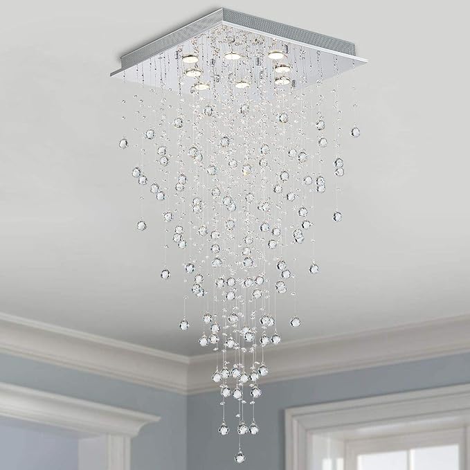 Bestier Modern Crystal Square Raindrop Chandelier Lighting Flush Mount LED Ceiling Light Fixture Pendant Lamp for Dining Room Bathroom Bedroom Livingroom 8 GU10 Bulbs Required 22 in Wide 47 inch High