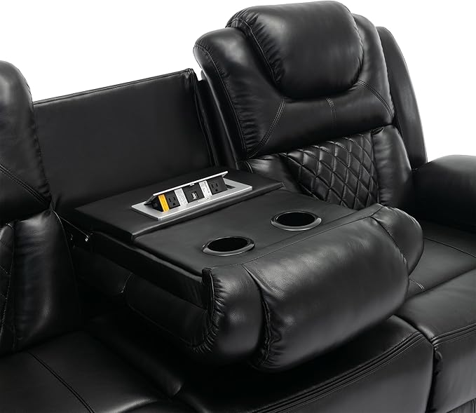 ERYE 83-Inch Oversized Manual Reclining Sofa with LED Strip and Cupholders for Living Room Home Theater, Multifunctional Faux Leather 3 Seaters Manual Recliner Couches | Charging Station, Cup Holder, LED Light Strips