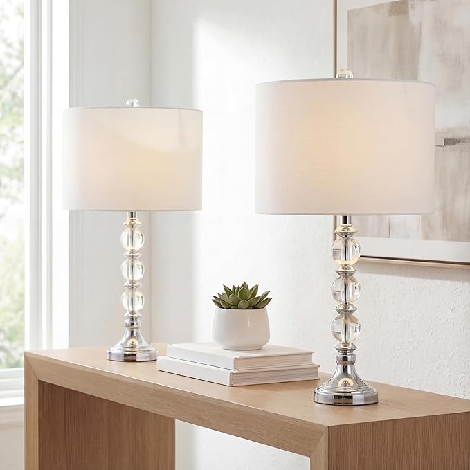 JONATHAN Y 26" Clear/Chrome Crystal LED Table Lamp Set of 2, Transitional Faceted Glass and Metal Nightstand Lamps with White Linen Drum Shade, LED Bulbs Included JYL5041A-SET2