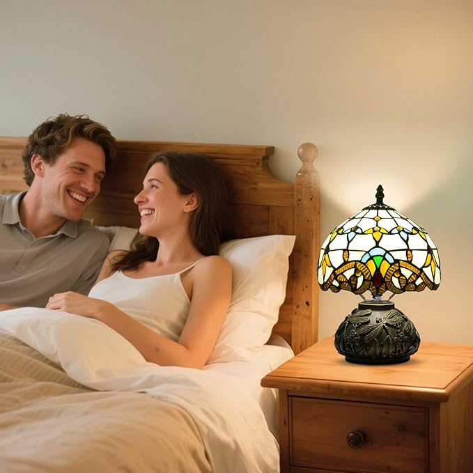 Small Tiffany Table Lamp,Stained Glass Lamp,8 Inch Mushroom Style Mini Vintage Desk Lights for Bedside, Bedroom,Nightstand,Living Room,3 Color Temperature (Baroque)